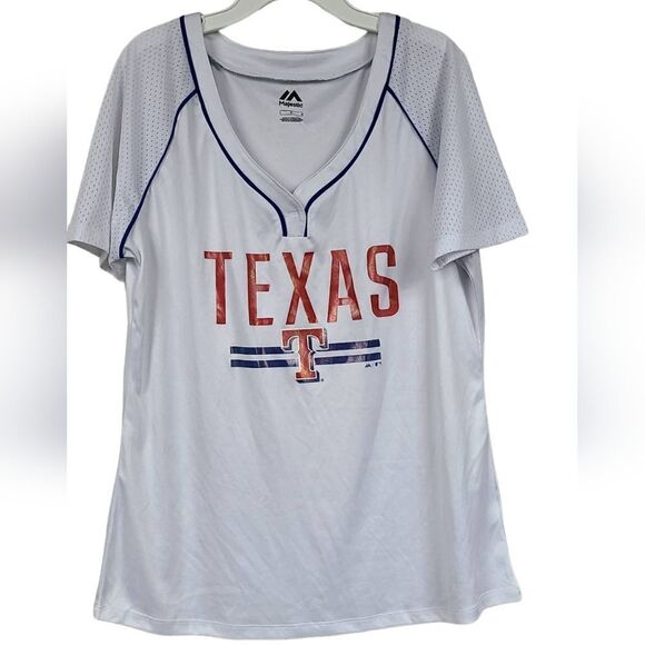 Men's Large Majestic Texas Rangers White Baseball Jersey MLB Logo Tee Mesh Trim - Picture 1 of 7